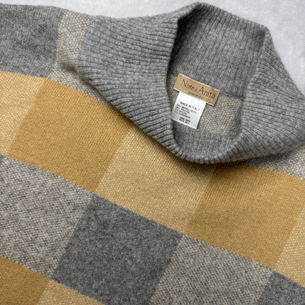 Note di Anita Italy Merino Wool Cashmere Checkered Poncho Sweater Grey Yellow OS